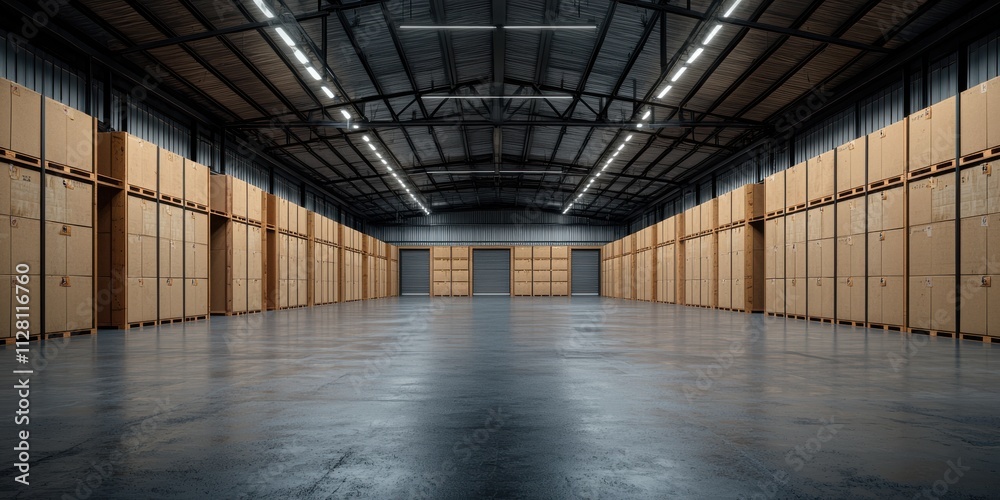 Obraz premium A spacious warehouse interior featuring numerous wooden storage units, illuminated by overhead lights, showcasing a clean and organized environment.