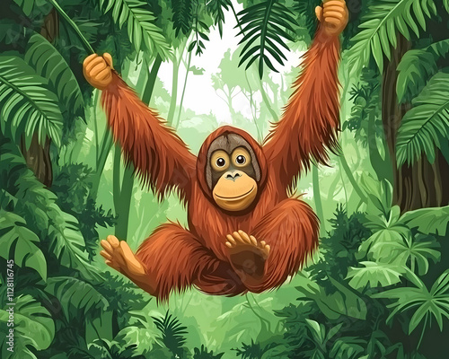 Orangutan swinging in lush green rainforest canopy. photo