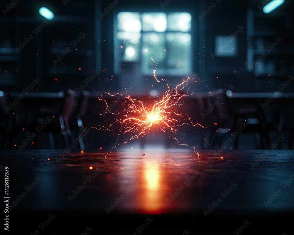 Electric spark event in a classroom setting visual art dramatic lighting focused viewpoint Electric spark event in a classroom setting visual art dramatic lighting focused viewpoint