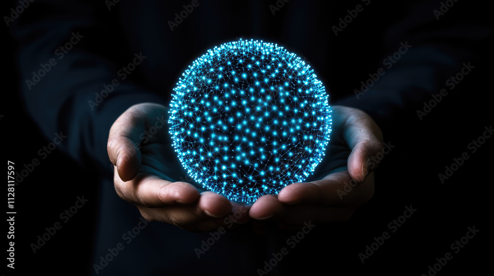 Mystic energy sphere in hands digital art innovation in a dark studio environment Mystic energy sphere in hands digital art innovation in a dark studio environment