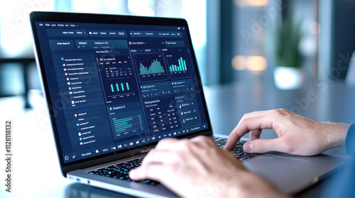 A person analyzes data on a laptop, displaying graphs and statistics on a dark interface, in a modern workspace setting.