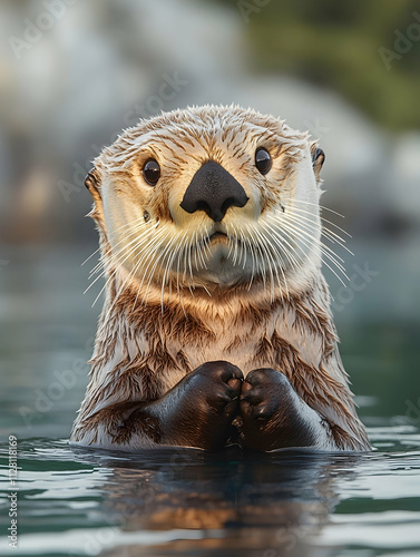 A curious sea otter floats in calm water, its paws clasped together, looking directly at the camera. photo