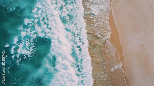 Beautiful Sandy Beach with Soft Blue Ocean Wave, Golden Sand, Gentle Ripple, Ideal Place for Relaxation and Enjoying the Seaside Scenery.