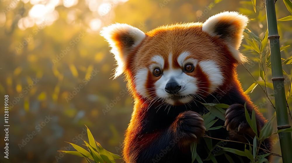 Adorable red panda eating bamboo leaves at sunset. Adorable red panda eating bamboo leaves at sunset.