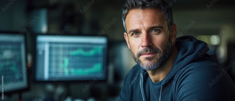 A man in a hoodie sits in front of computer screens displaying data and graphs. A man in a hoodie sits in front of computer screens displaying data and graphs.