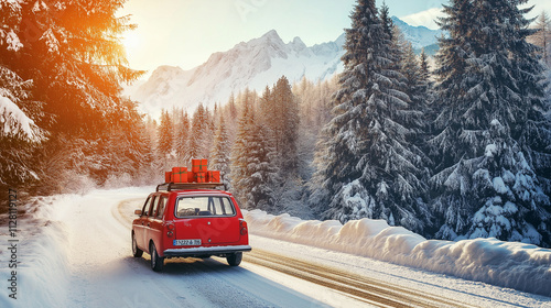 Cars driving on a snowy mountain road surrounded by trees and winter landscape, Winter holiday travel concept.