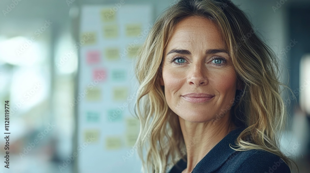 A confident woman with wavy hair smiles in a modern workspace filled with sticky notes. A confident woman with wavy hair smiles in a modern workspace filled with sticky notes.