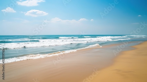 Beautiful Sandy Beach with Soft Blue Ocean Wave, Golden Sand, Gentle Ripple, Ideal Place for Relaxation and Enjoying the Seaside Scenery.
