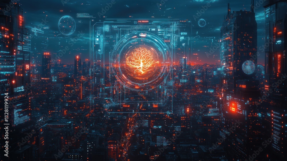 Futuristic city at night with a glowing tree in a digital interface.