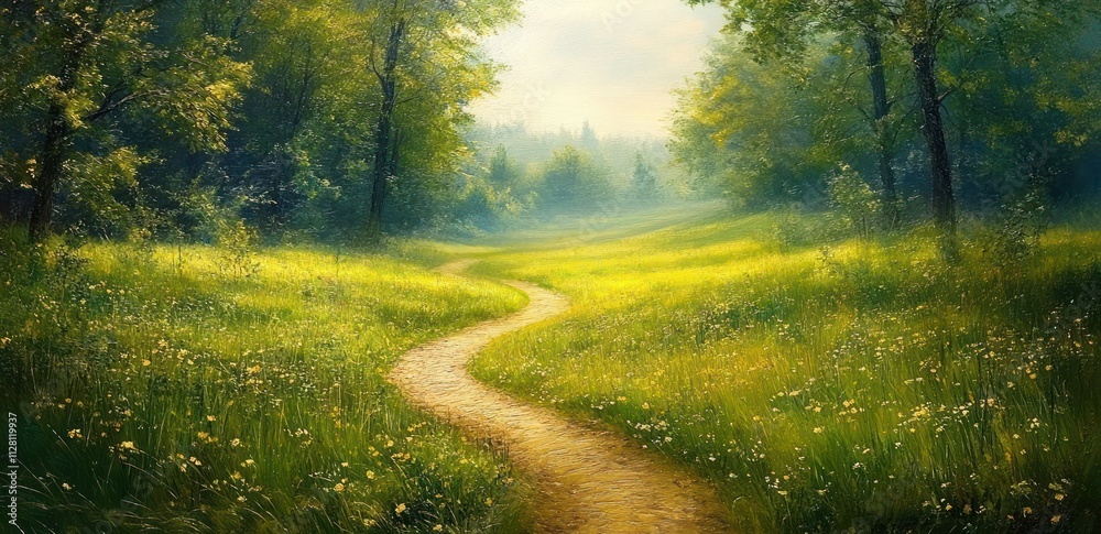 Obraz premium Winding Path Through Green Fields in Sunny Landscape of Nature and Rural Beauty