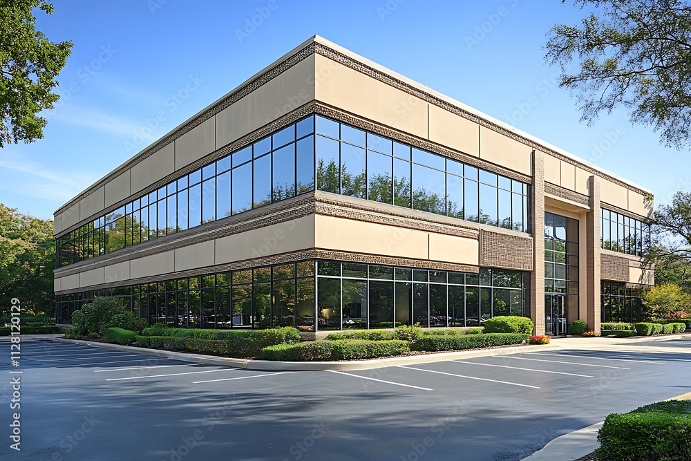 Obraz premium Modern glass facade office building reflecting the urban cityscape