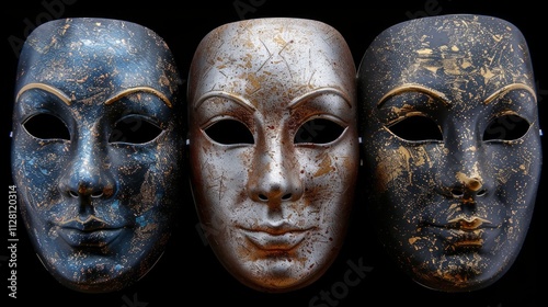 Three theatrical masks in blue, silver, and black with gold accents, set against a black background. photo