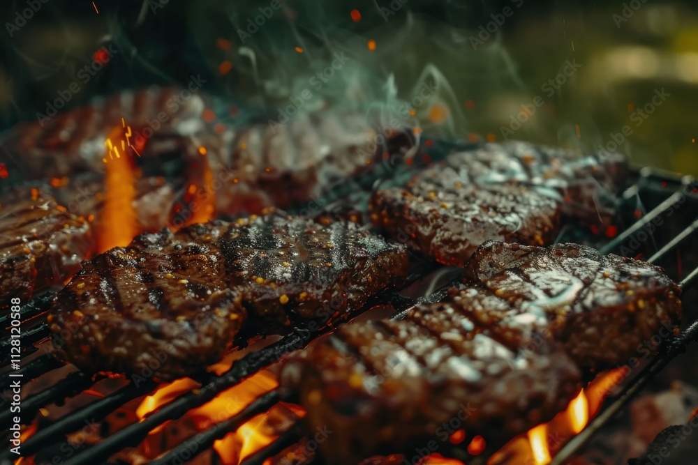 Grilling juicy steaks over an open flame in a backyard at sunset Grilling juicy steaks over an open flame in a backyard at sunset