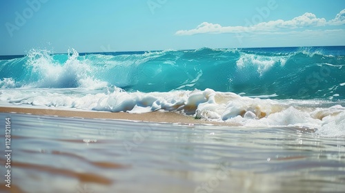 Beautiful Sandy Beach with Soft Blue Ocean Wave, Golden Sand, Gentle Ripple, Ideal Place for Relaxation and Enjoying the Seaside Scenery.