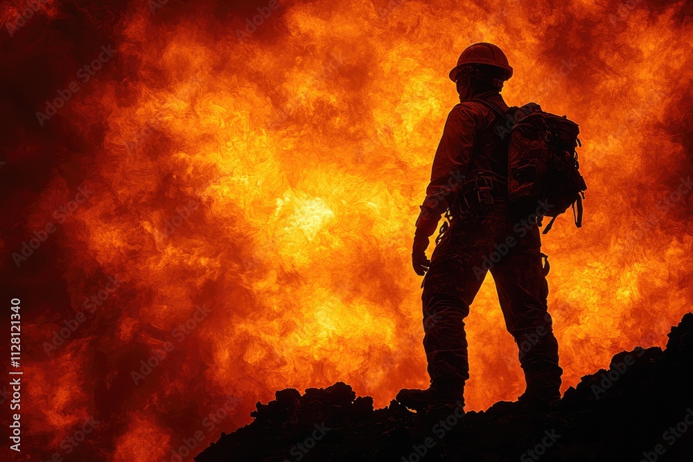 Naklejka premium A construction worker silhouette stands confidently against a vivid backdrop of flames, representing the determination and spirit of labor in harsh conditions