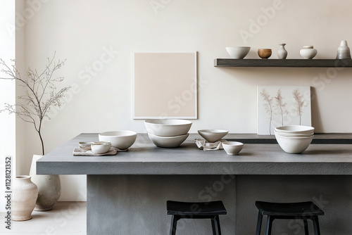Stylish Japandi Dining Setup in a Kitchen with Gray Stone Countertop and Black Metal Stools for Contemporary Aesthetics