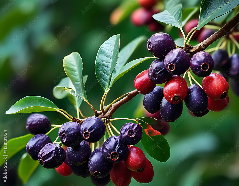 Close-up of vibrant purple and red berries on a branch Close-up of vibrant purple and red berries on a branch