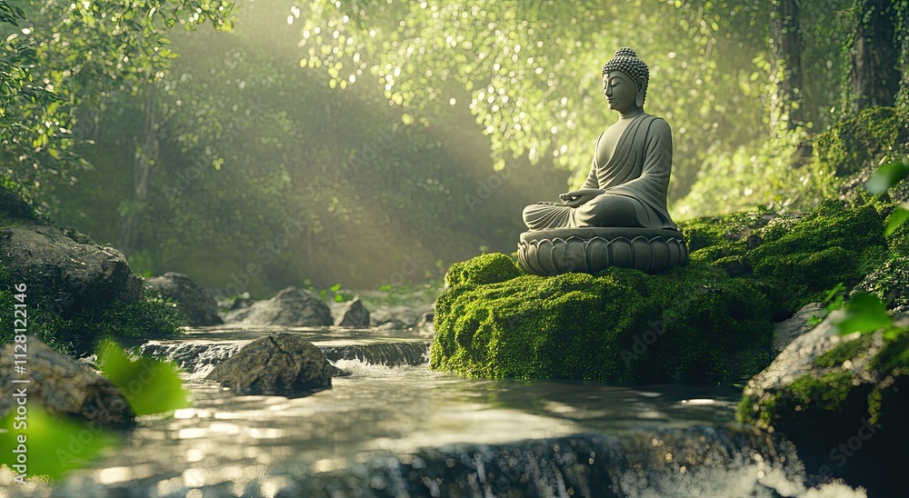 A serene and peaceful scene of a Buddha statue meditating on mossy rocks, surrounded by lush greenery in the background with sunlight filtering through the leaves A serene and peaceful scene of a Buddha statue meditating on mossy rocks, surrounded by lush greenery in the background with sunlight filtering through the leaves