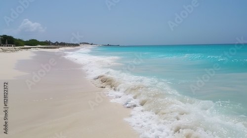 Beautiful Sandy Beach with Soft Blue Ocean Wave, Golden Sand, Gentle Ripple, Ideal Place for Relaxation and Enjoying the Seaside Scenery.