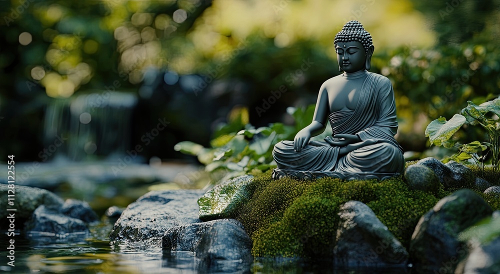 A serene and peaceful scene of a Buddha statue meditating on mossy rocks, surrounded by lush greenery in the background with sunlight filtering through the leaves, creating soft shadows A serene and peaceful scene of a Buddha statue meditating on mossy rocks, surrounded by lush greenery in the background with sunlight filtering through the leaves, creating soft shadows