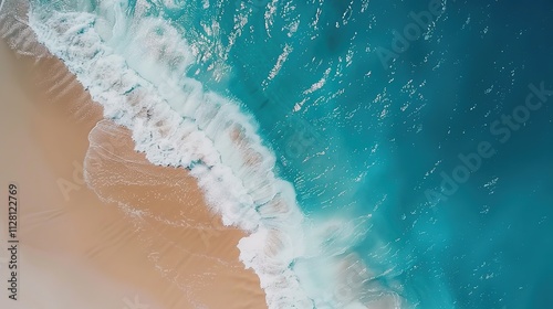 Beautiful Sandy Beach with Soft Blue Ocean Wave, Golden Sand, Gentle Ripple, Ideal Place for Relaxation and Enjoying the Seaside Scenery.