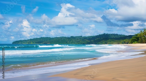 Beautiful Sandy Beach with Soft Blue Ocean Wave, Golden Sand, Gentle Ripple, Ideal Place for Relaxation and Enjoying the Seaside Scenery.