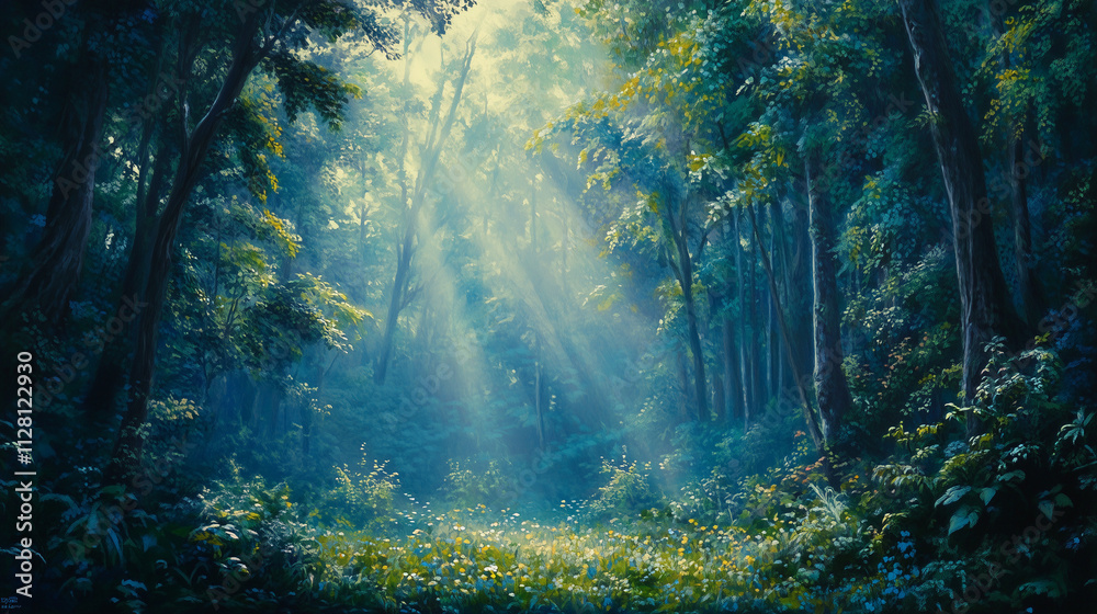 Obraz premium Illustrator of Misty morning sunlight filtering through the forest trees