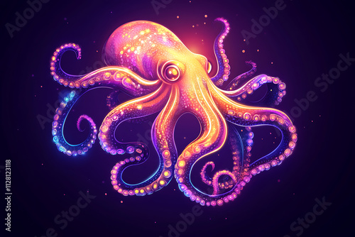 A vibrant, stylized octopus illustration with glowing colors against a dark background. photo