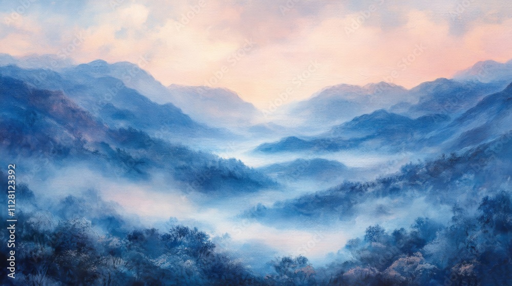 Serene Blue Mountains Morning Mist Valley Landscape Serene Blue Mountains Morning Mist Valley Landscape