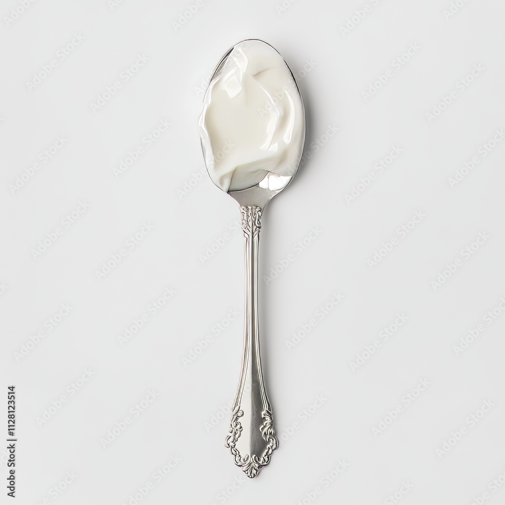 top view white yogurt on a silver spoon with a simple design isolated on a solid background. National Frozen Yogurt Day top view white yogurt on a silver spoon with a simple design isolated on a solid background. National Frozen Yogurt Day