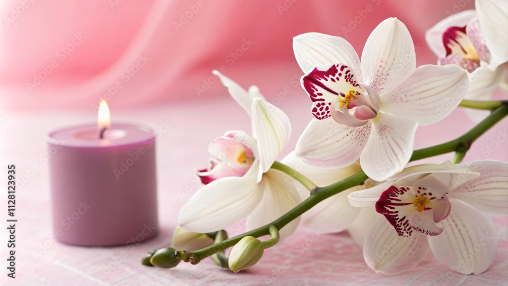 serene arrangement of white orchids and purple candle, creating calming atmosphere serene arrangement of white orchids and purple candle, creating calming atmosphere