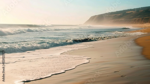 Beautiful Sandy Beach with Soft Blue Ocean Wave, Golden Sand, Gentle Ripple, Ideal Place for Relaxation and Enjoying the Seaside Scenery.