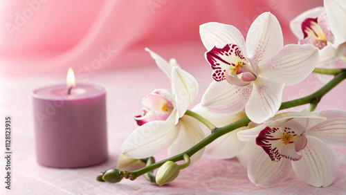 serene arrangement of white orchids and purple candle, creating calming atmosphere