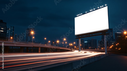 A large white billboard glows above a highway at night, its brightness contrasting with the darkened cityscape. Below, vivid light trails from moving cars streak across the frame. A distant bridge