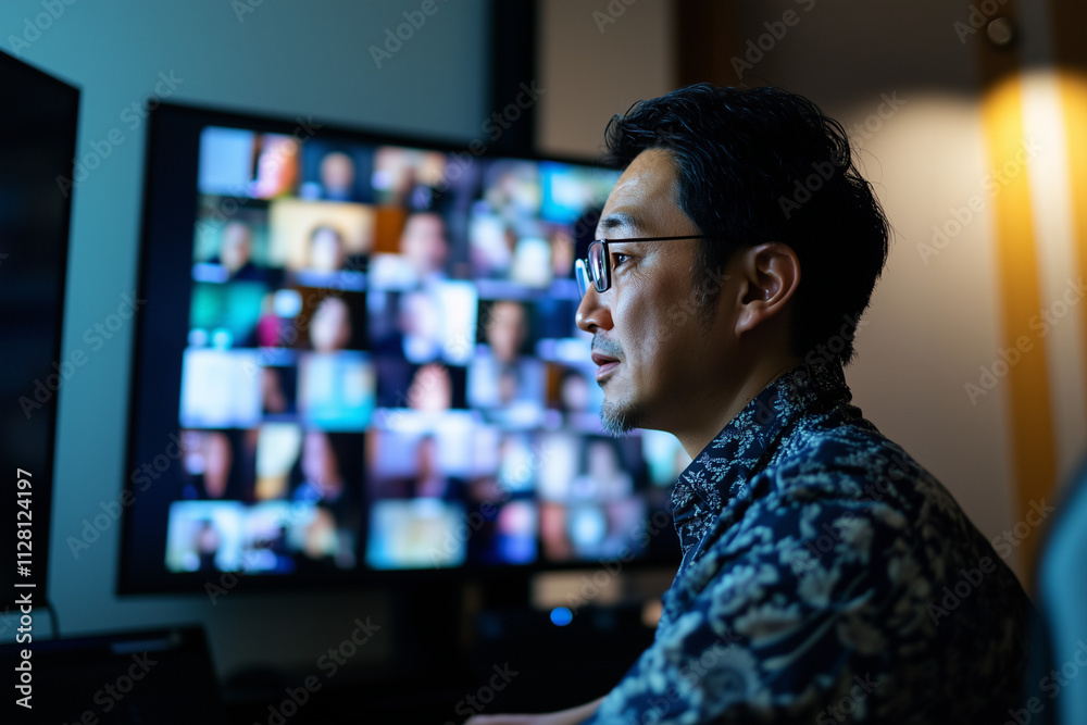 モニターを見る日本人の男性 モニターを見る日本人の男性