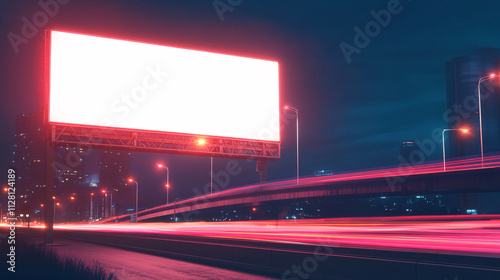 A vivid nighttime scene with a large blank billboard illuminated above a bustling highway. The glowing sign contrasts with the dark sky, while vivid red and white light trails from cars streak across
