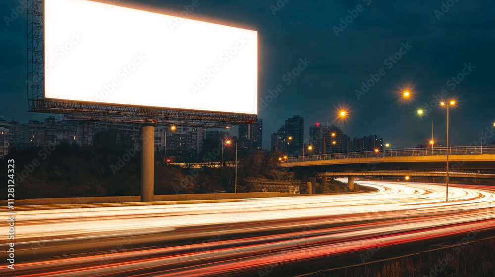 A towering blank billboard shines brightly above a busy city highway at night. Below, the highway is alive with motion as colorful vehicle light trails streak across it. A nearby bridge and glowing A towering blank billboard shines brightly above a busy city highway at night. Below, the highway is alive with motion as colorful vehicle light trails streak across it. A nearby bridge and glowing