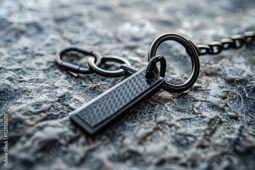 Close-up of a black keychain with a textured tag on a rough concrete surface at sunset photo