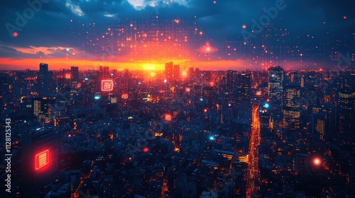 Futuristic cityscape at sunset with digital data streams.