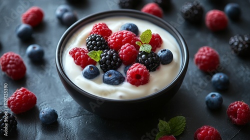 Yogurt texture and fresh berries background