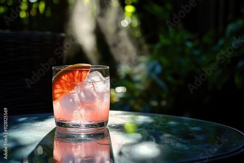 Pink cocktail in rocks glass with grapefruit slice garnish, sitting on outdoor table in sunshine.