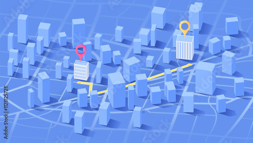 We have moved new office icon location. Address move change location announcement business home map. New pin location on 3d city map. Isometric vector illustration