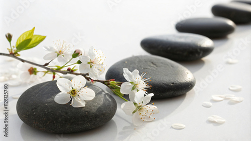 serene arrangement of smooth black stones and delicate white flowers, evoking tranquility and relaxation