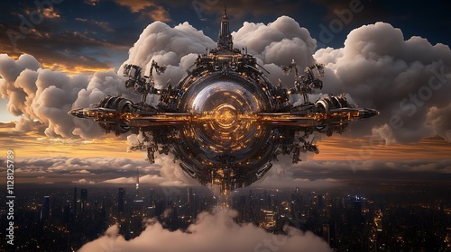 Steampunk Airship Above a Futuristic Cityscape at Sunset: Digital Painting AI Generated photo