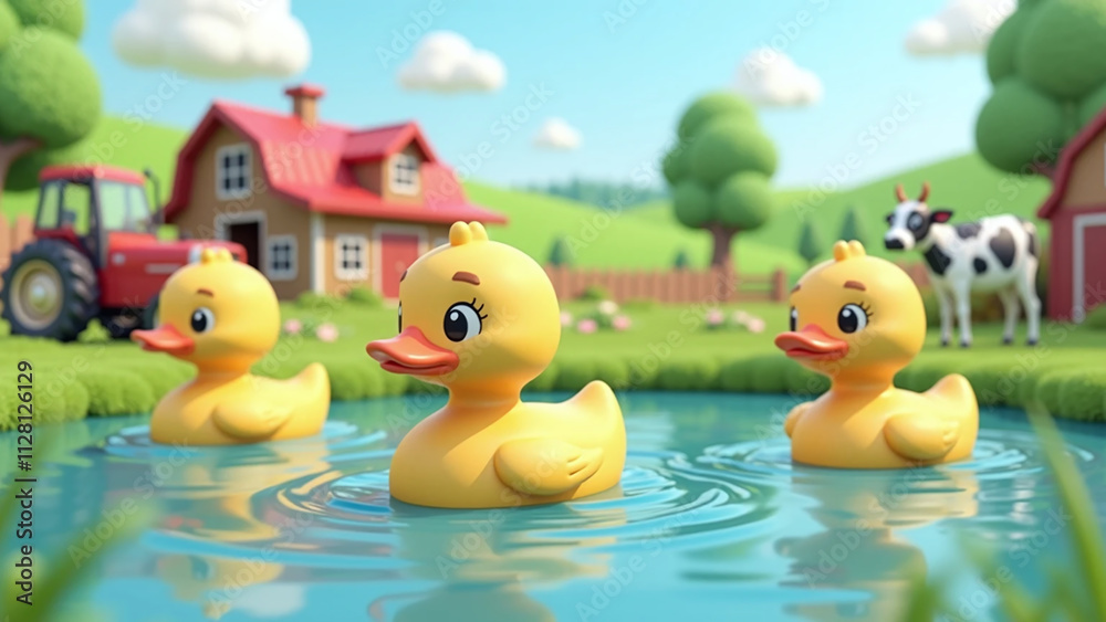 Adorable rubber ducklings floating in a serene farm pond with a scenic countryside backdrop. Adorable rubber ducklings floating in a serene farm pond with a scenic countryside backdrop.