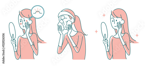スキンケアをする女性のイラストセット