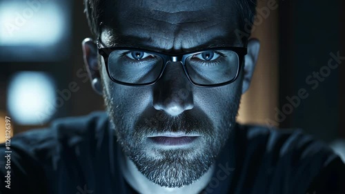 Intense confrontation in a dimly lit room showcasing deep focus and concentration on a man's face