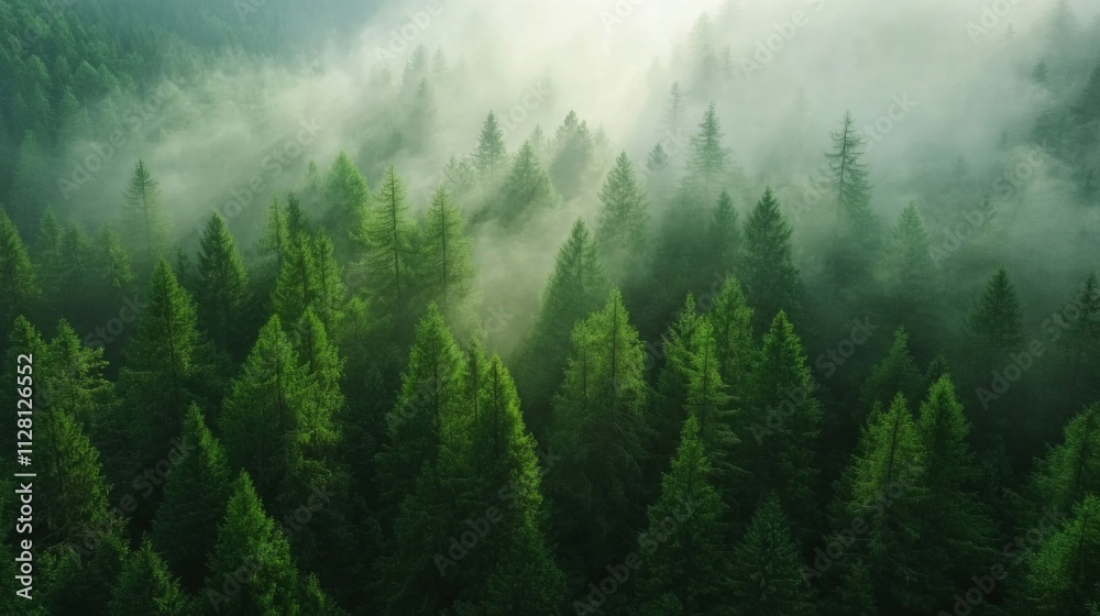 Misty Mountain Forest Aerial View Lush Green Conifers