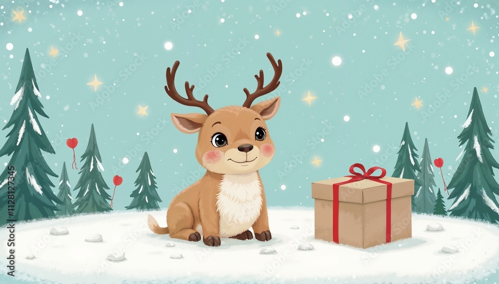 Fototapeta premium adorable cartoon reindeer in a cheerful mood sitting next to a gift box on a snowy background