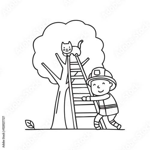 Firefighter rescuing cat on ladder